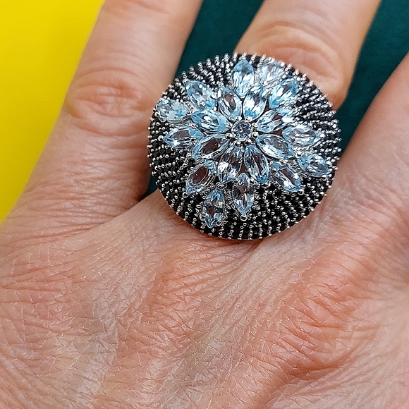 Natural Sky Blue Topaz‎ 6x3mm & Black Spinel 925 Sterling Silver Ring Size 8 - Picture 6 of 10